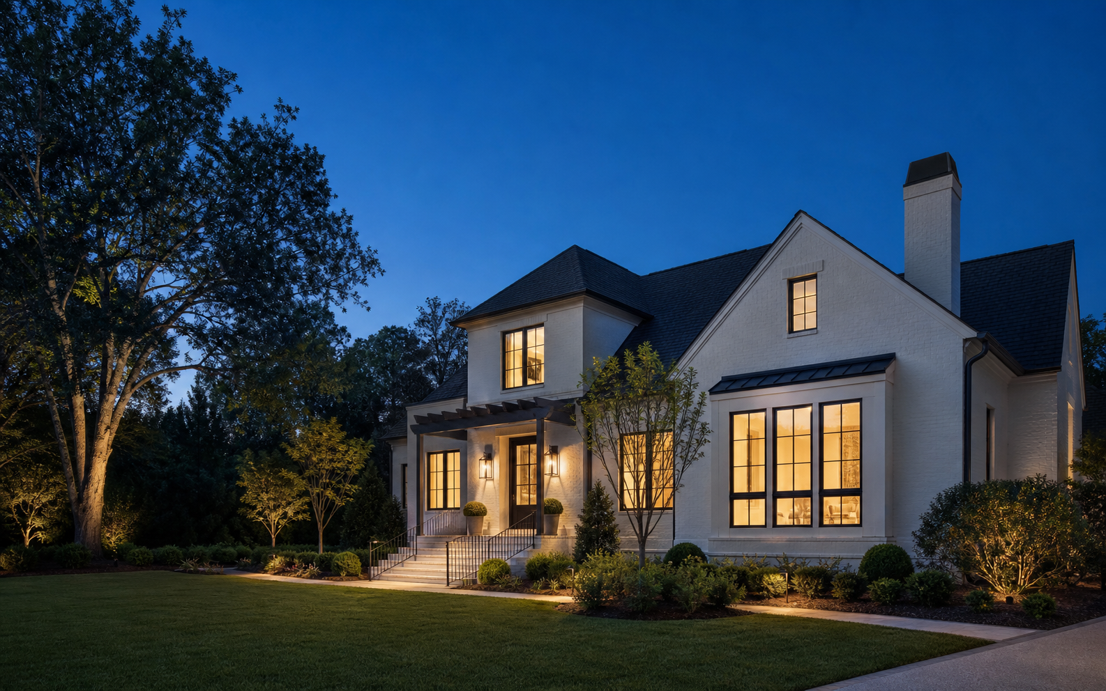 Twilight exterior of a contemporary Southern home