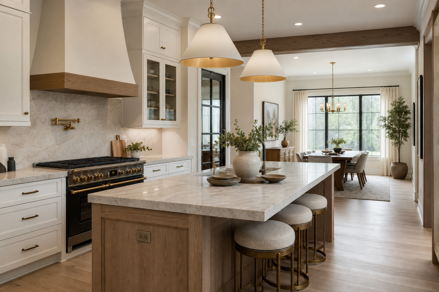 Warm designer kitchen with a large stone island