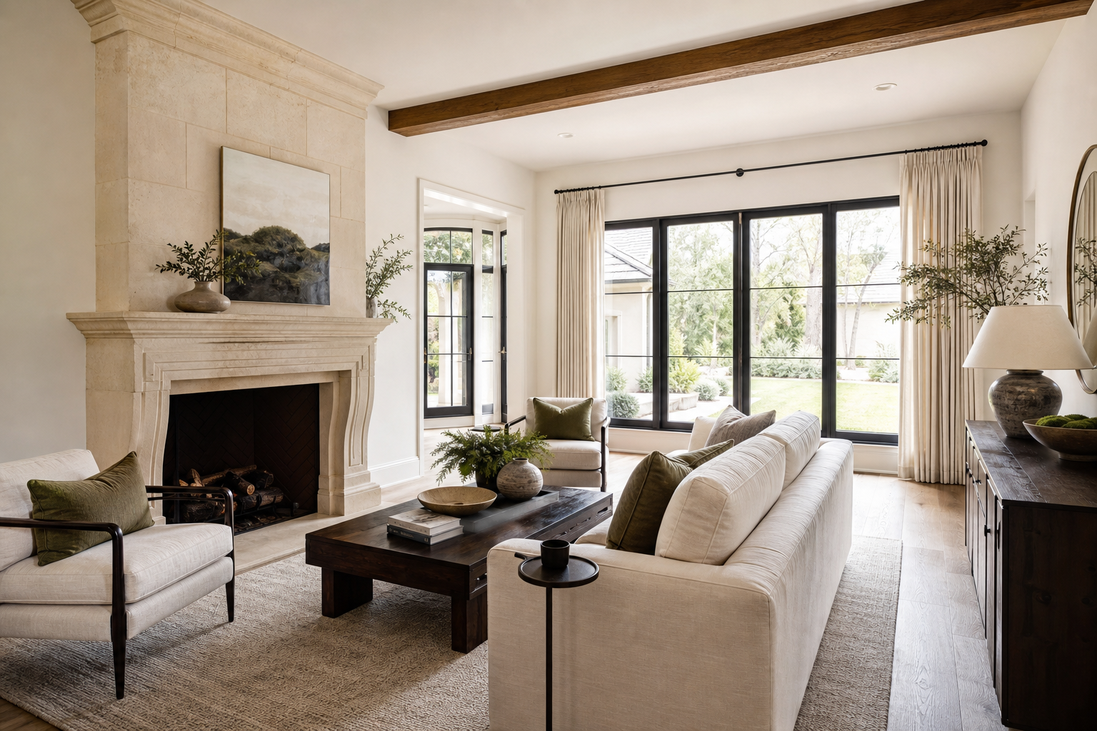 Bright luxury living room with limestone fireplace